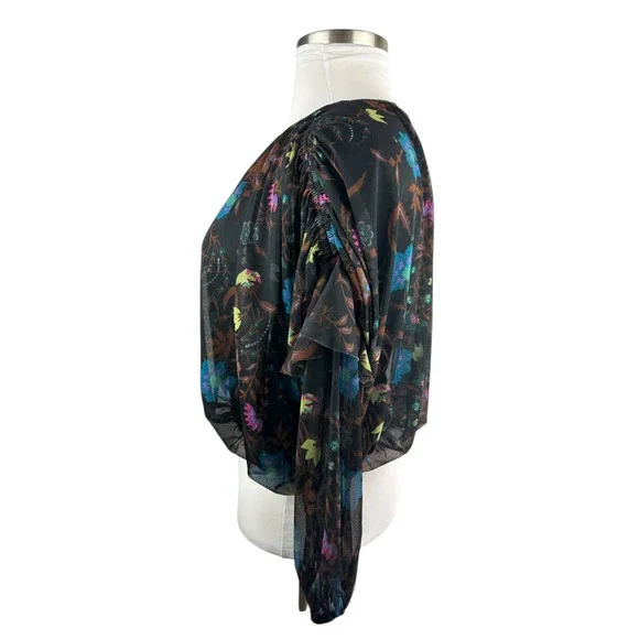 Free People Wildflower Honey Printed Blouse Black Multi Mesh Crop Top Small - Picture 8 of 15